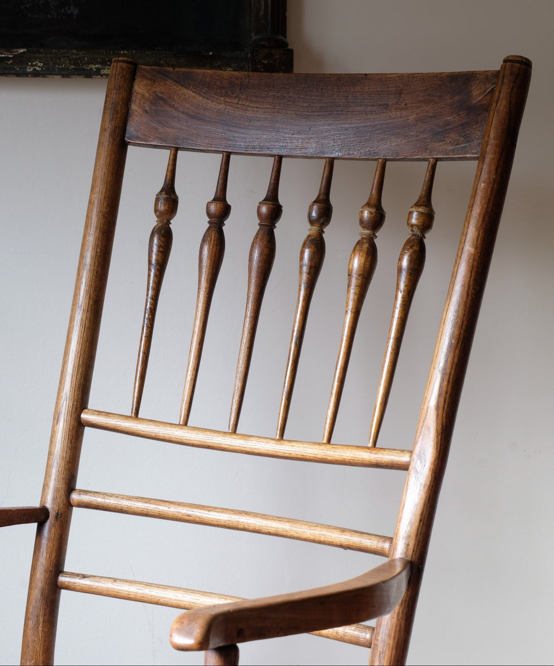 close up of the turned spindles on a Philip Clissett Arts & Crafts Ash Rush Seat Spindle Back Armchair Circa 1890