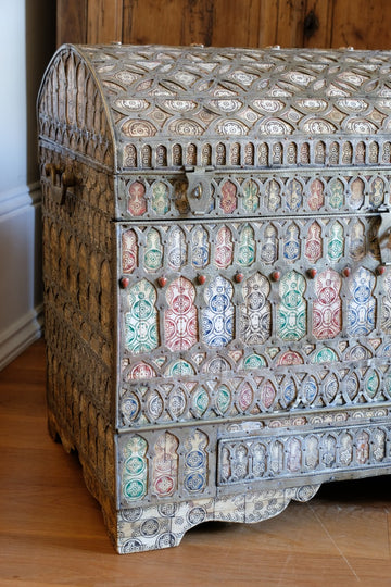 Ornate Marriage Chest Adorned with Moorish Inlay & Jeweled Accents