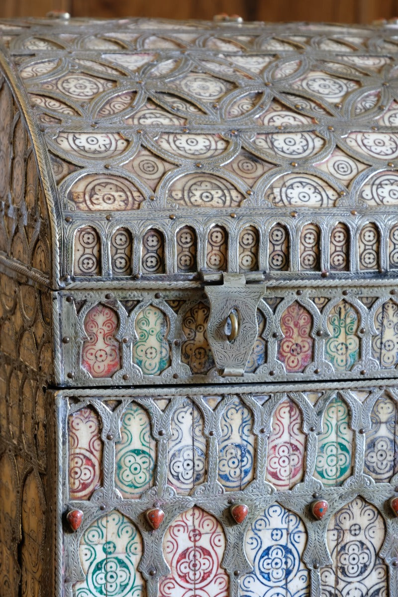 Ornate Marriage Chest Adorned with Moorish Inlay & Jeweled Accents