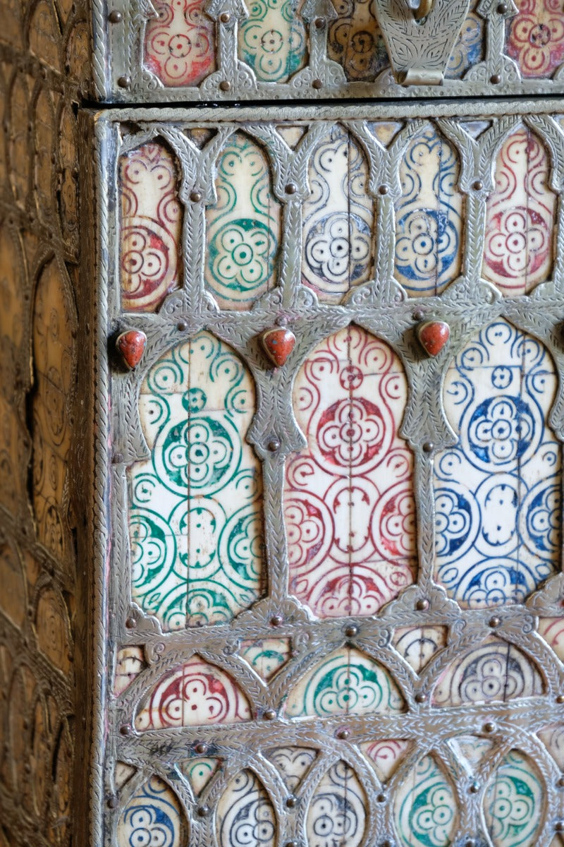 Ornate Marriage Chest Adorned with Moorish Inlay & Jeweled Accents