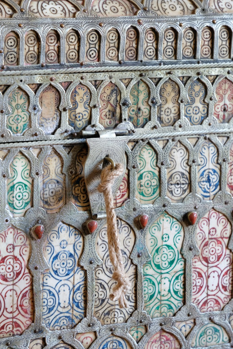 Ornate Marriage Chest Adorned with Moorish Inlay & Jeweled Accents