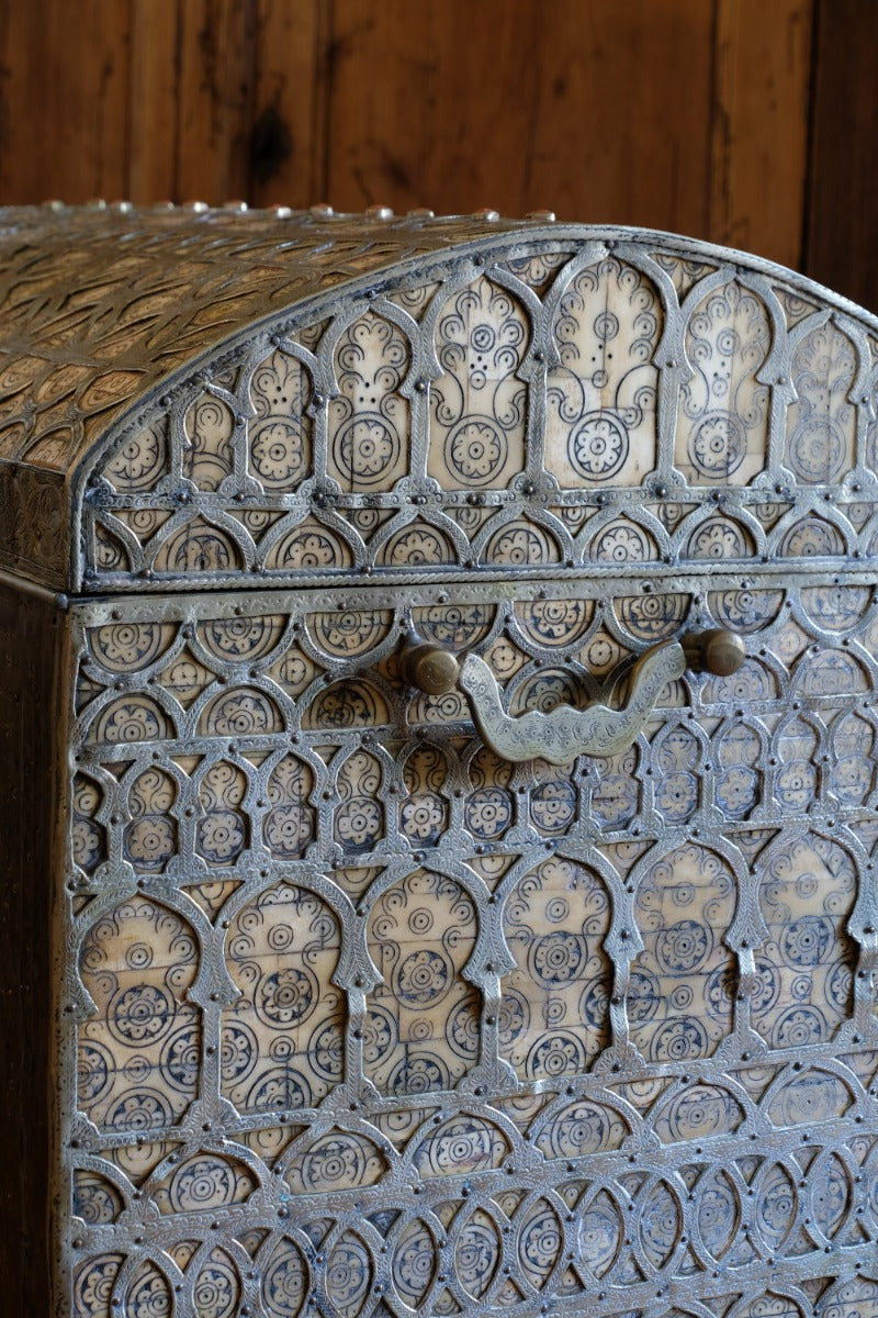 Ornate Marriage Chest Adorned with Moorish Inlay & Jeweled Accents