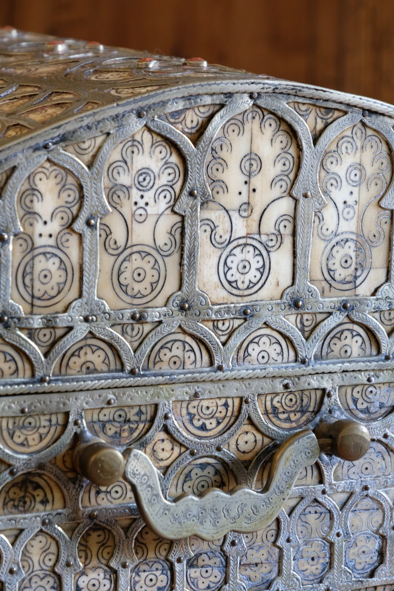 Ornate Marriage Chest Adorned with Moorish Inlay & Jeweled Accents