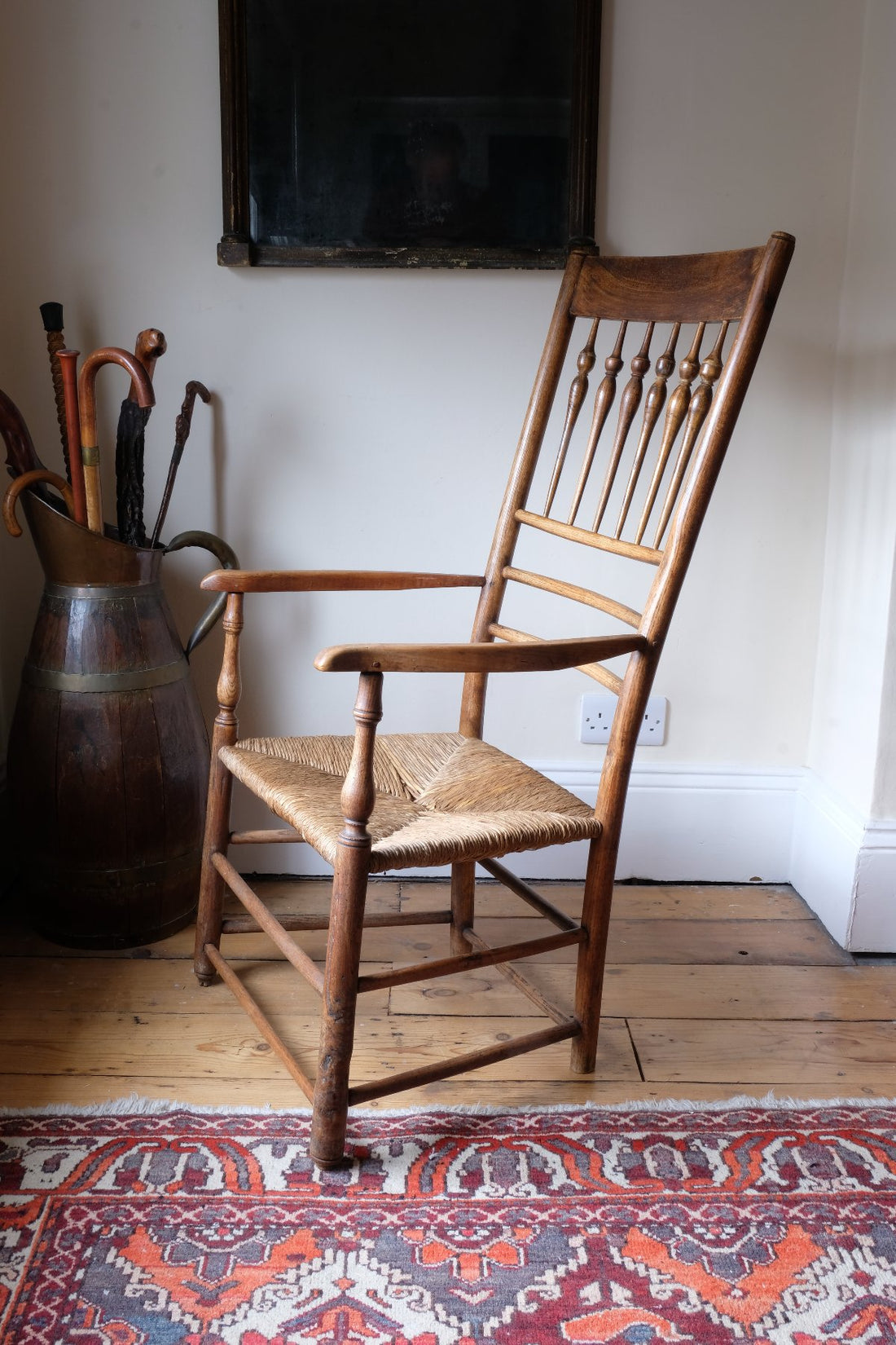 side view of a Philip Clissett Arts & Crafts Ash Rush Seat Spindle Back Armchair Circa 1890