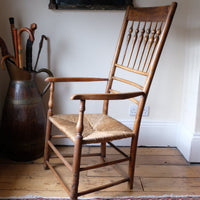 side view of a Philip Clissett Arts & Crafts Ash Rush Seat Spindle Back Armchair Circa 1890
