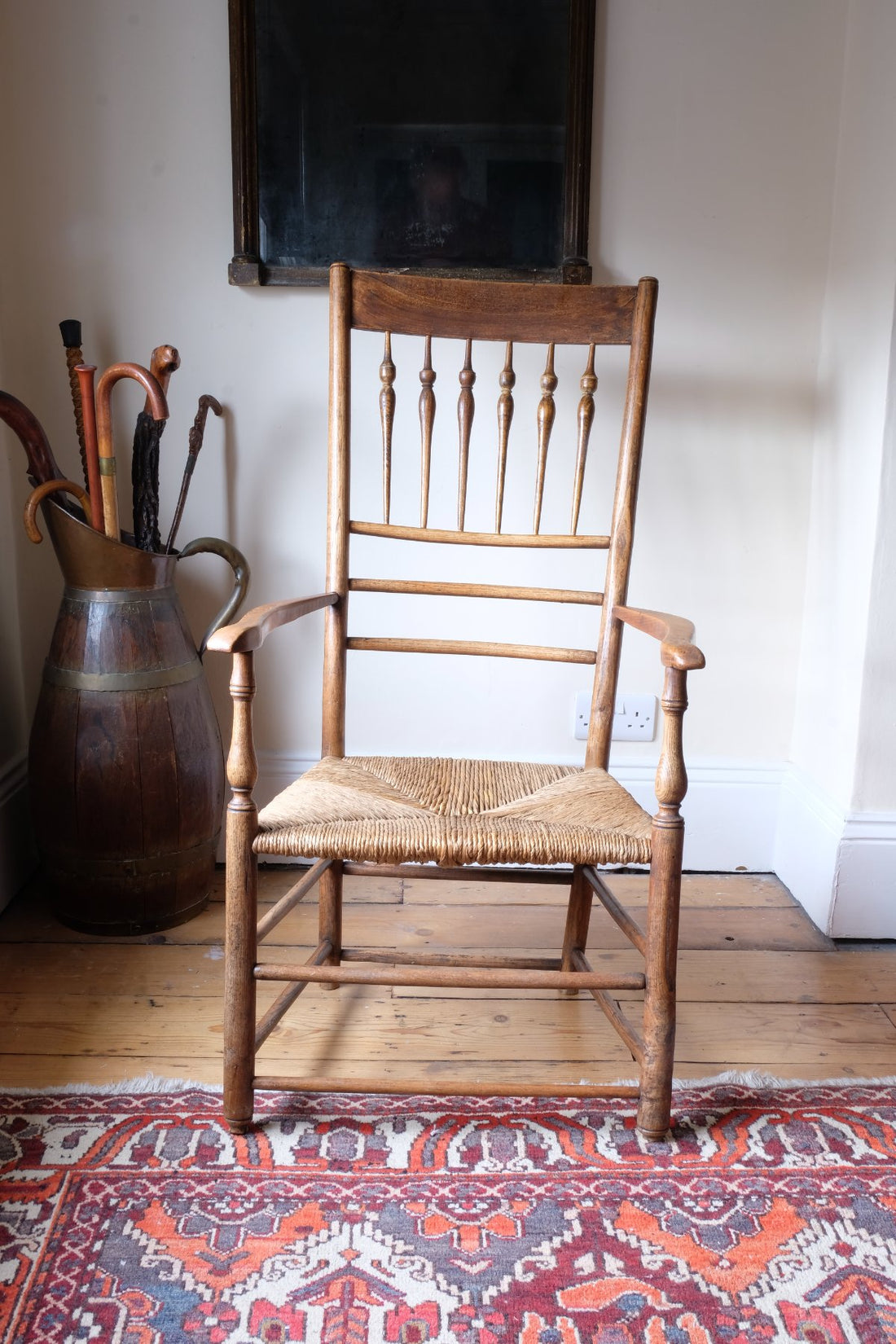 Philip Clissett Arts & Crafts Ash Rush Seat Spindle Back Armchair Circa 1890