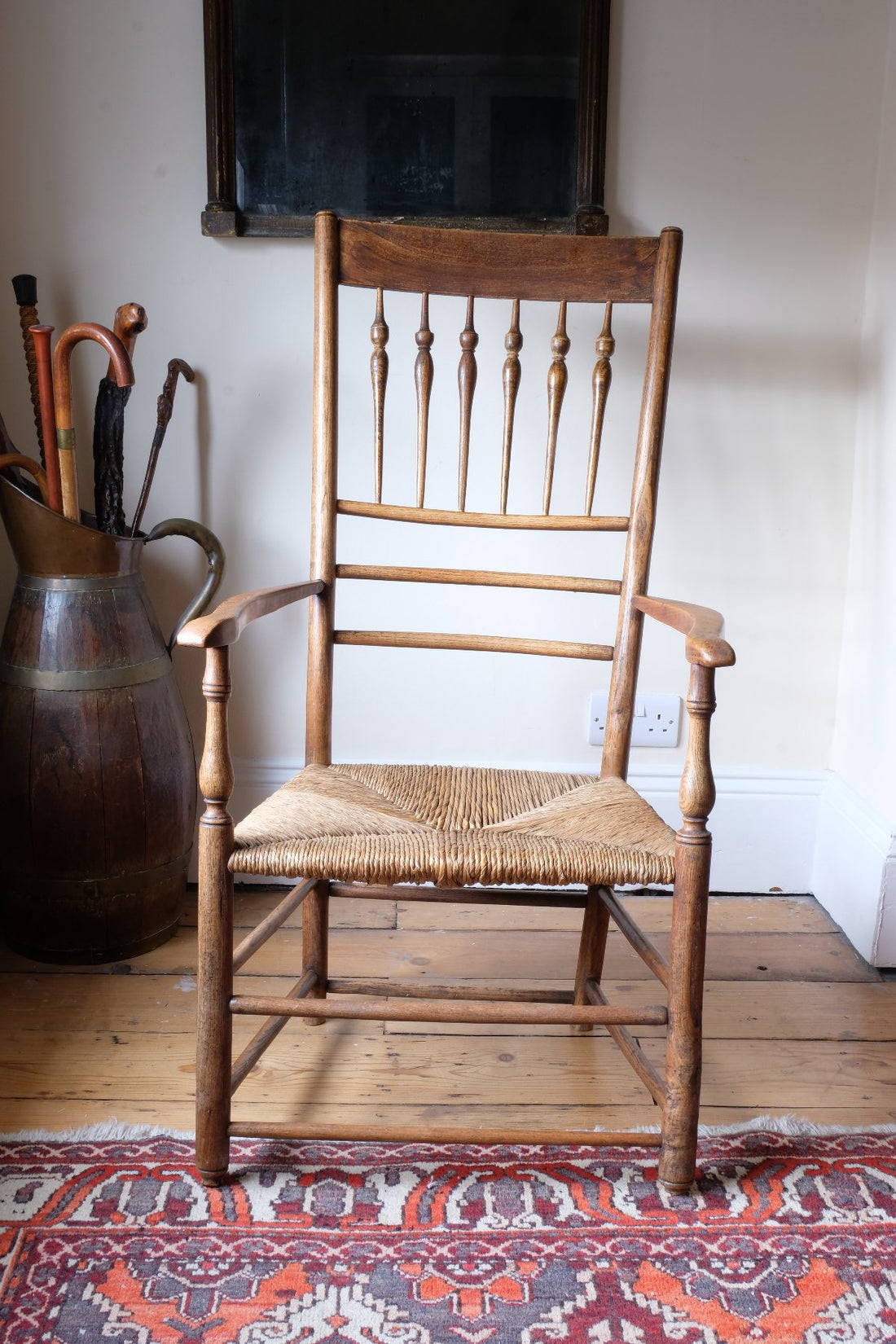 Philip Clissett Arts & Crafts Ash Rush Seat Spindle Back Armchair Circa 1890