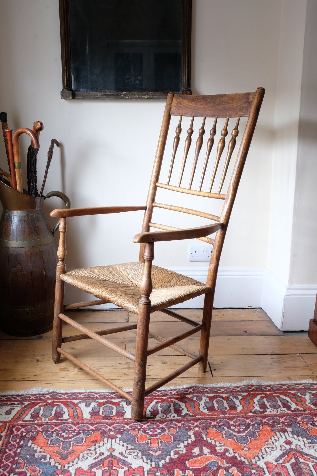 Philip Clissett Arts & Crafts Ash Rush Seat Spindle Back Armchair Circa 1890