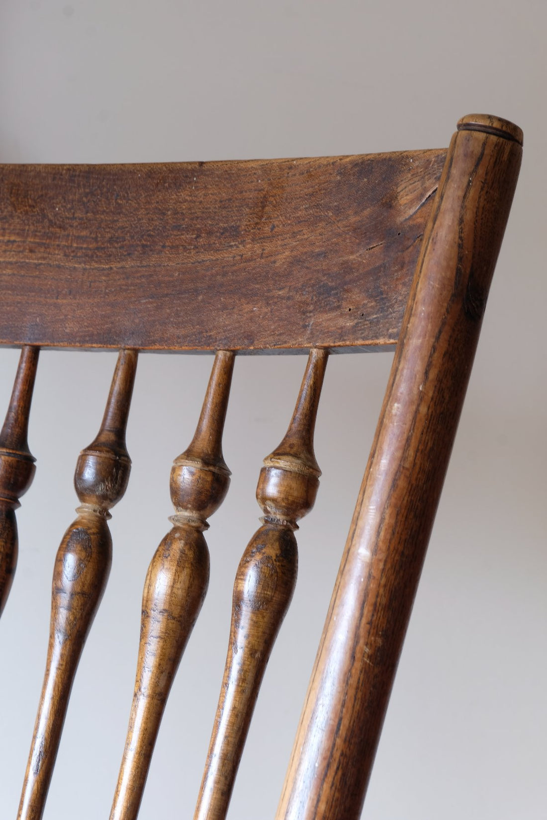 Back rest of a Philip Clissett Arts & Crafts Ash Rush Seat Spindle Back Armchair Circa 1890