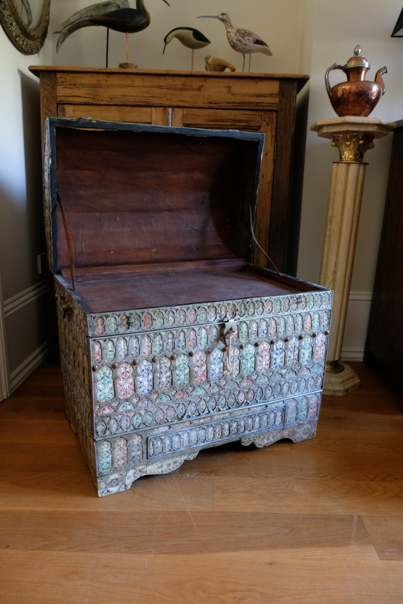 Ornate Marriage Chest Adorned with Moorish Inlay & Jeweled Accents