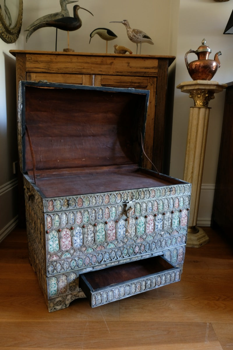 Ornate Marriage Chest Adorned with Moorish Inlay & Jeweled Accents