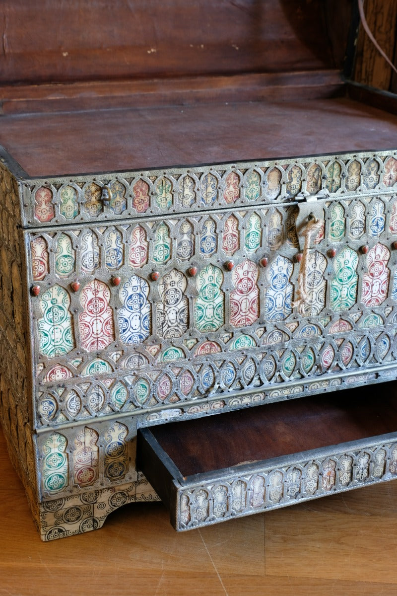 Ornate Marriage Chest Adorned with Moorish Inlay & Jeweled Accents