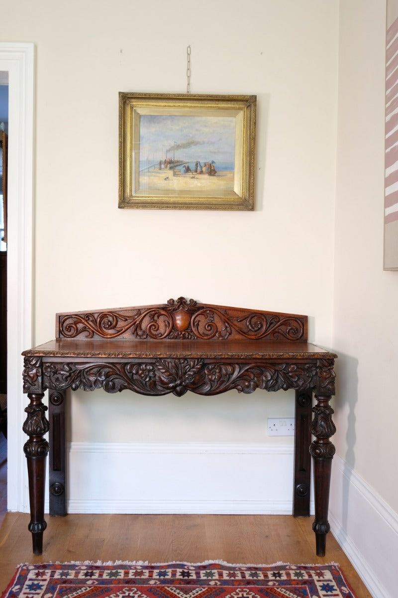 19th Century Profusely Carved Oak Hall Or Side Table With Pediment