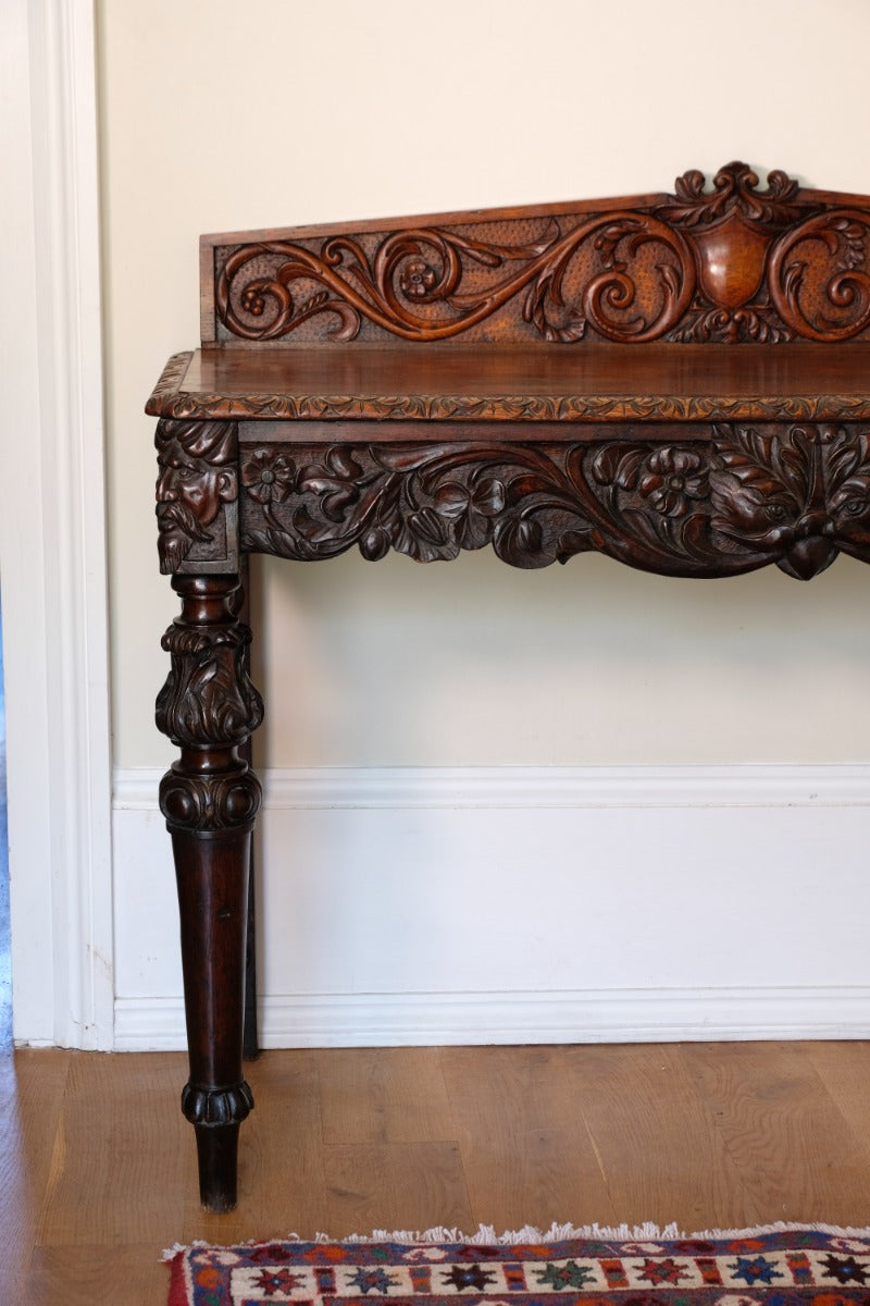 19th Century Profusely Carved Oak Hall Or Side Table With Pediment