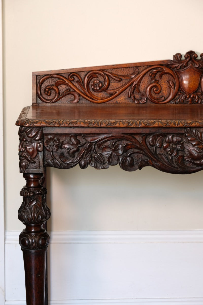 19th Century Profusely Carved Oak Hall Or Side Table With Pediment