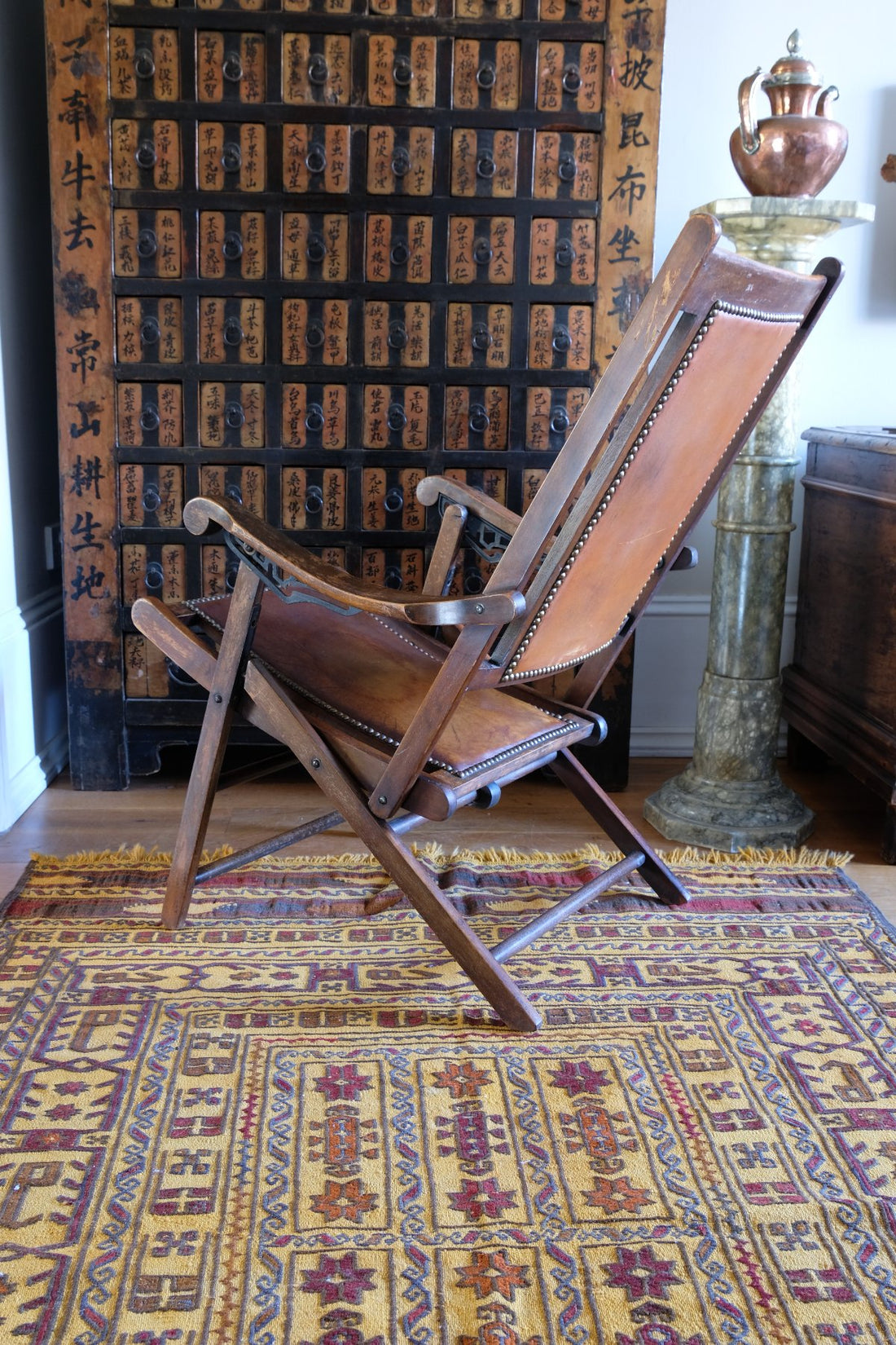 Victorian brass studded leather folding campaign chair reclining armchair circa 1875