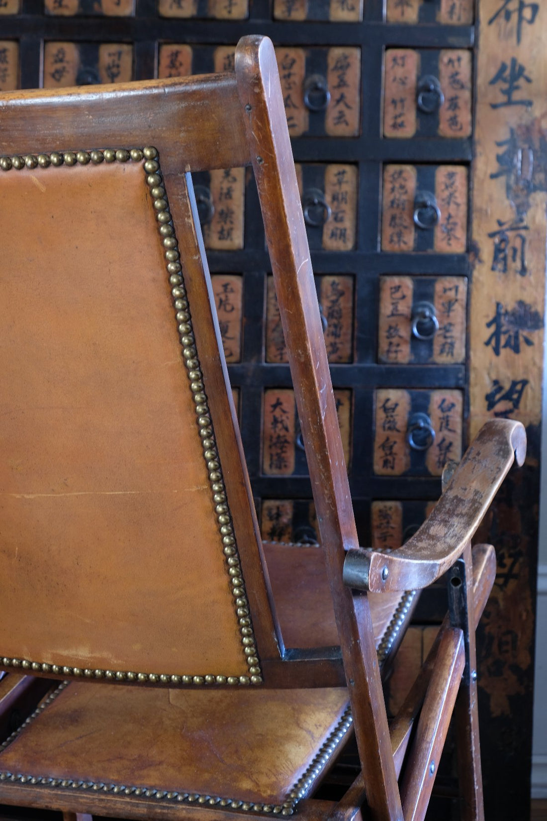 Victorian brass studded leather folding campaign chair reclining armchair circa 1875