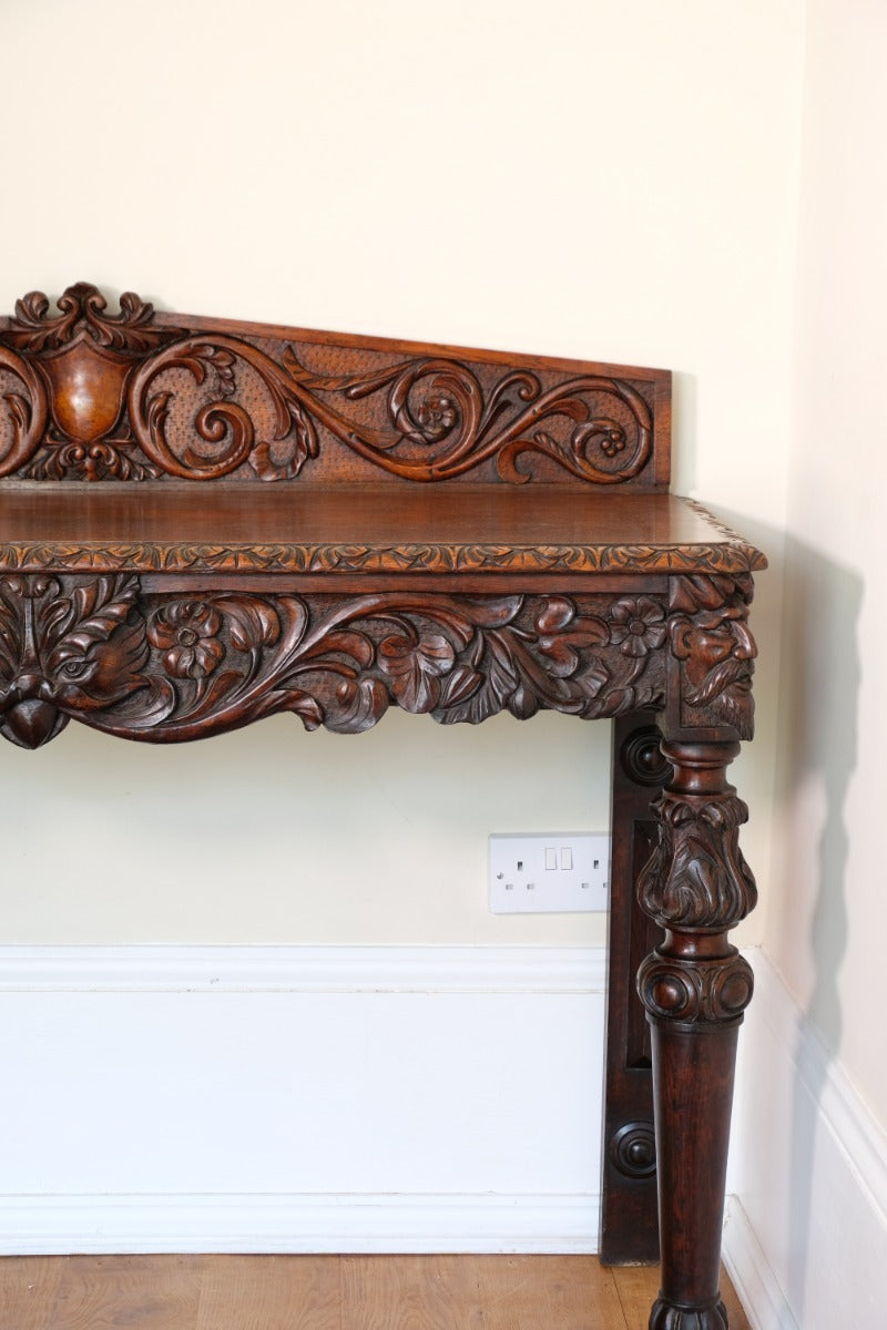 19th Century Profusely Carved Oak Hall Or Side Table With Pediment