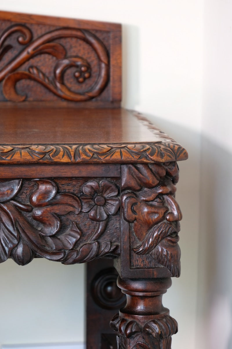 19th Century Profusely Carved Oak Hall Or Side Table With Pediment