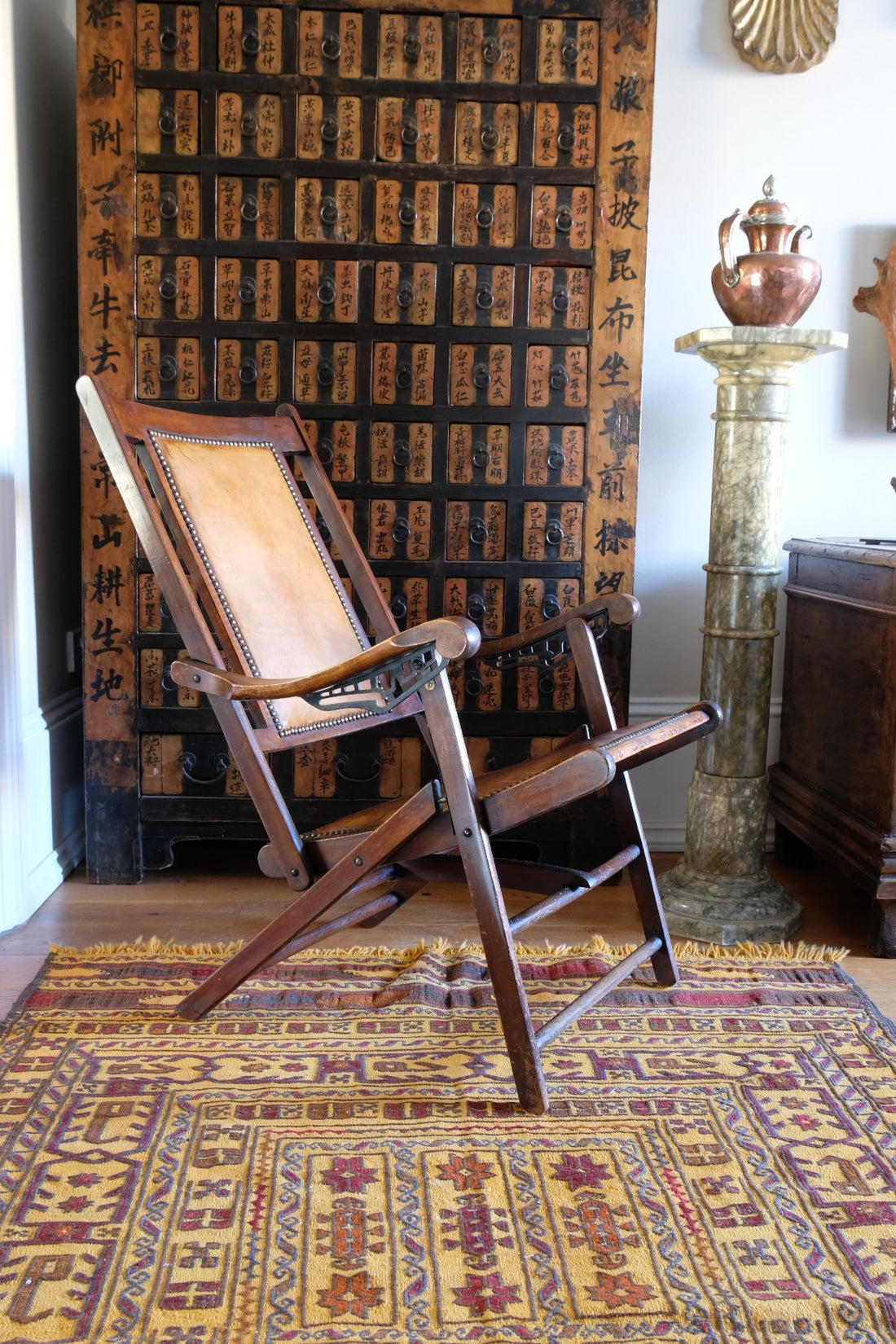 Victorian brass studded leather folding campaign chair reclining armchair circa 1875