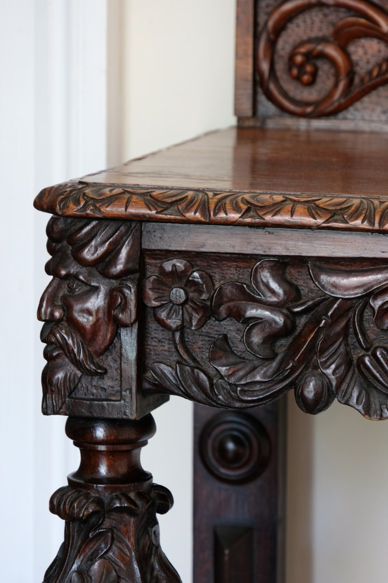 19th Century Profusely Carved Oak Hall Or Side Table With Pediment