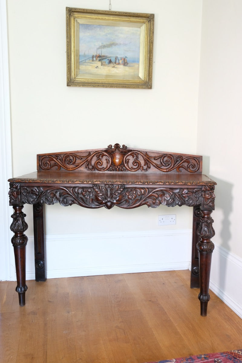 19th Century Profusely Carved Oak Hall Or Side Table With Pediment