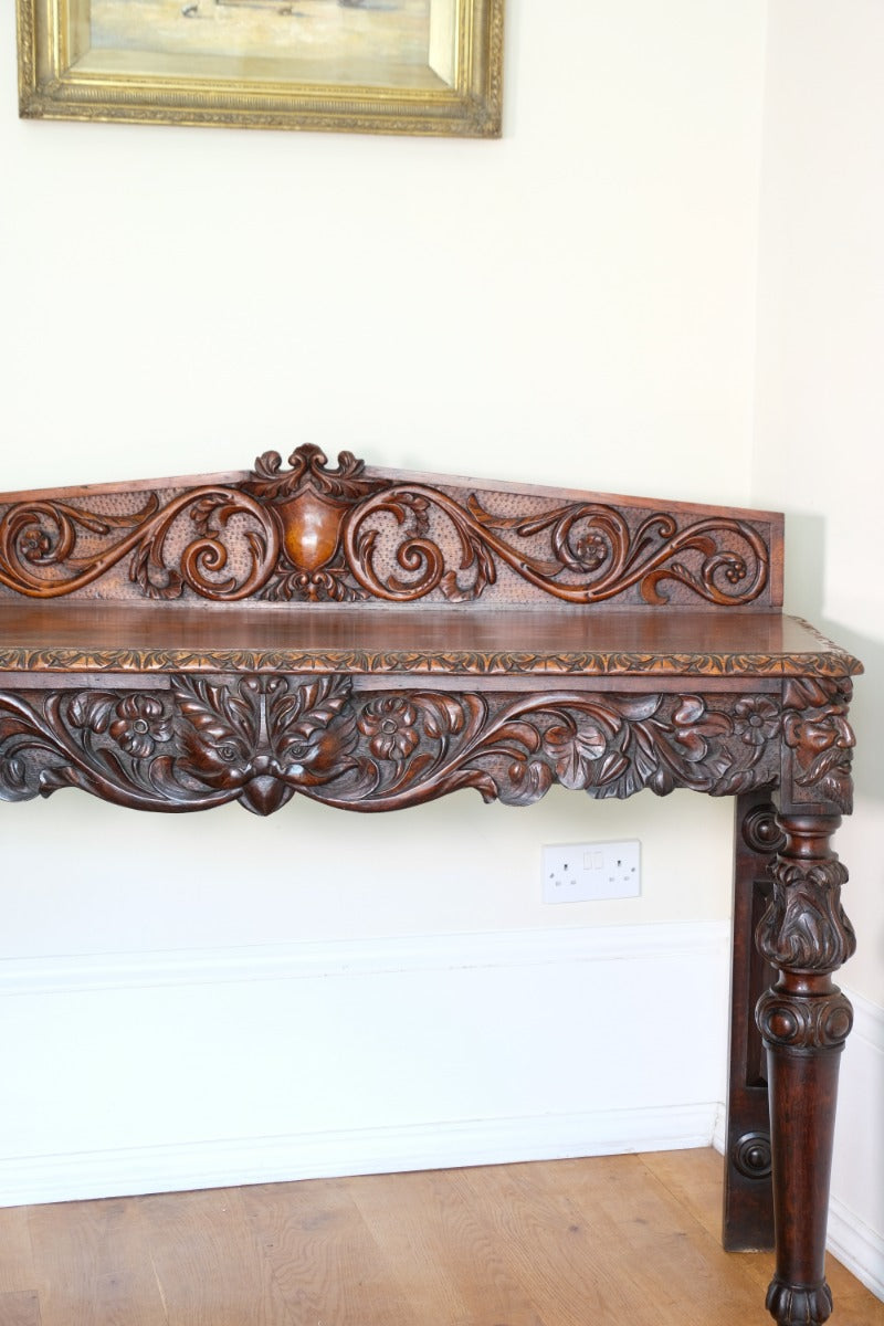 19th Century Profusely Carved Oak Hall Or Side Table With Pediment