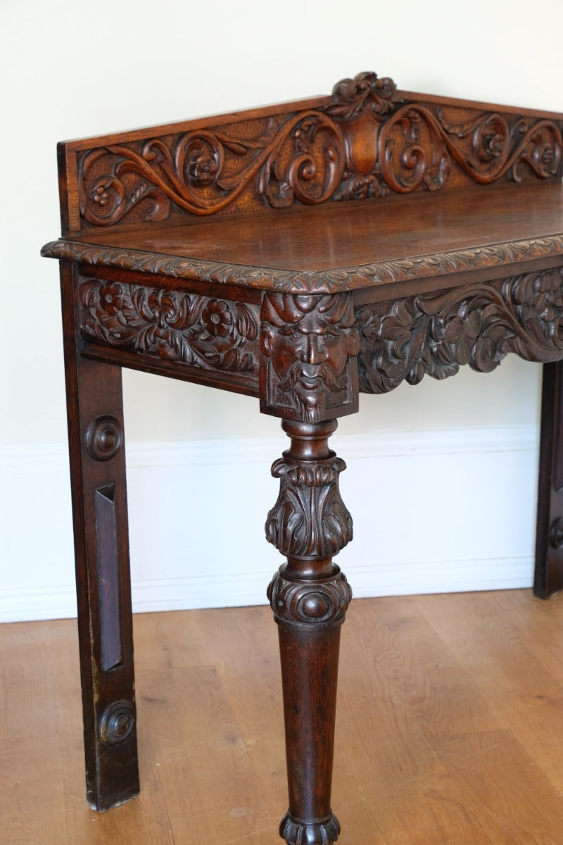 19th Century Profusely Carved Oak Hall Or Side Table With Pediment