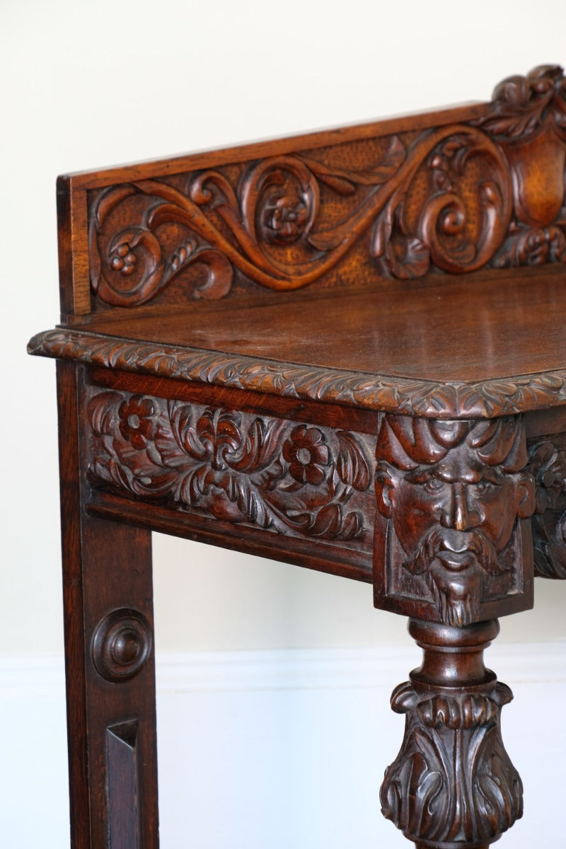 19th Century Profusely Carved Oak Hall Or Side Table With Pediment