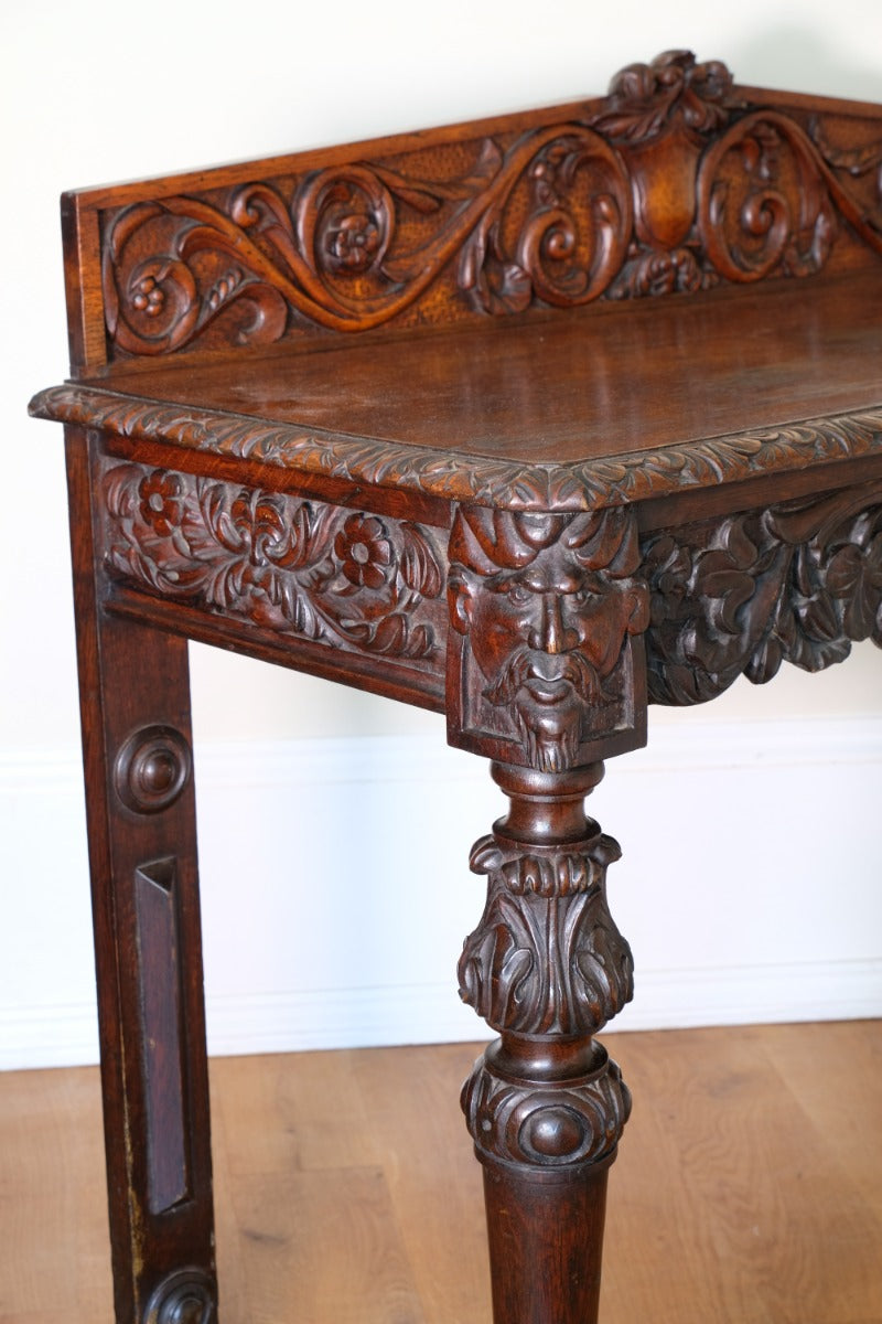 19th Century Profusely Carved Oak Hall Or Side Table With Pediment