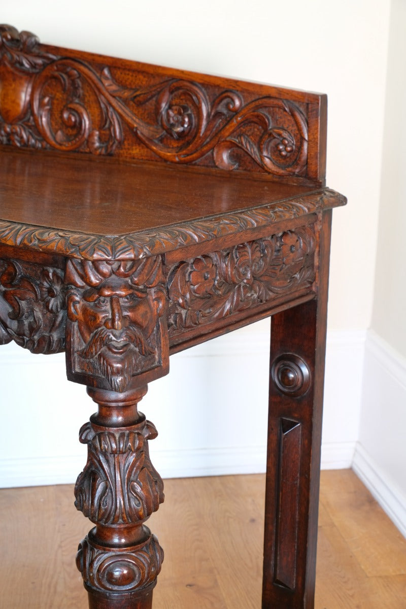 19th Century Profusely Carved Oak Hall Or Side Table With Pediment