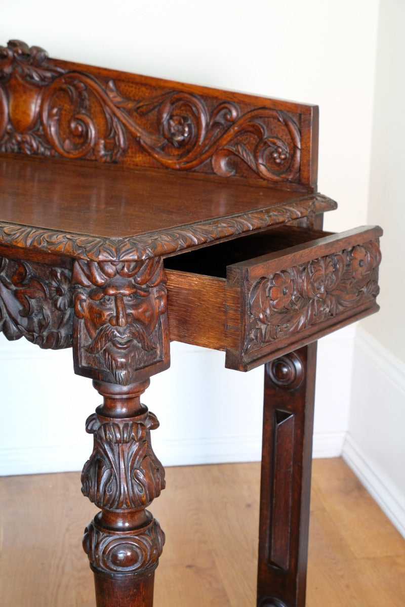 19th Century Profusely Carved Oak Hall Or Side Table With Pediment