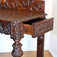 19th Century Profusely Carved Oak Hall Or Side Table With Pediment