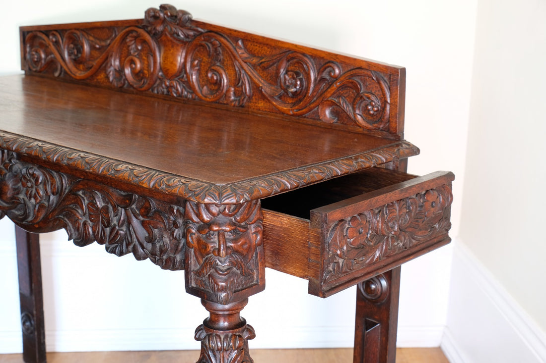 19th Century Profusely Carved Oak Hall Or Side Table With Pediment