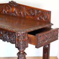 19th Century Profusely Carved Oak Hall Or Side Table With Pediment