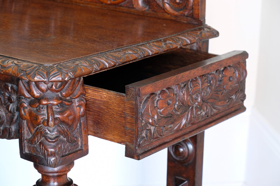 19th Century Profusely Carved Oak Hall Or Side Table With Pediment