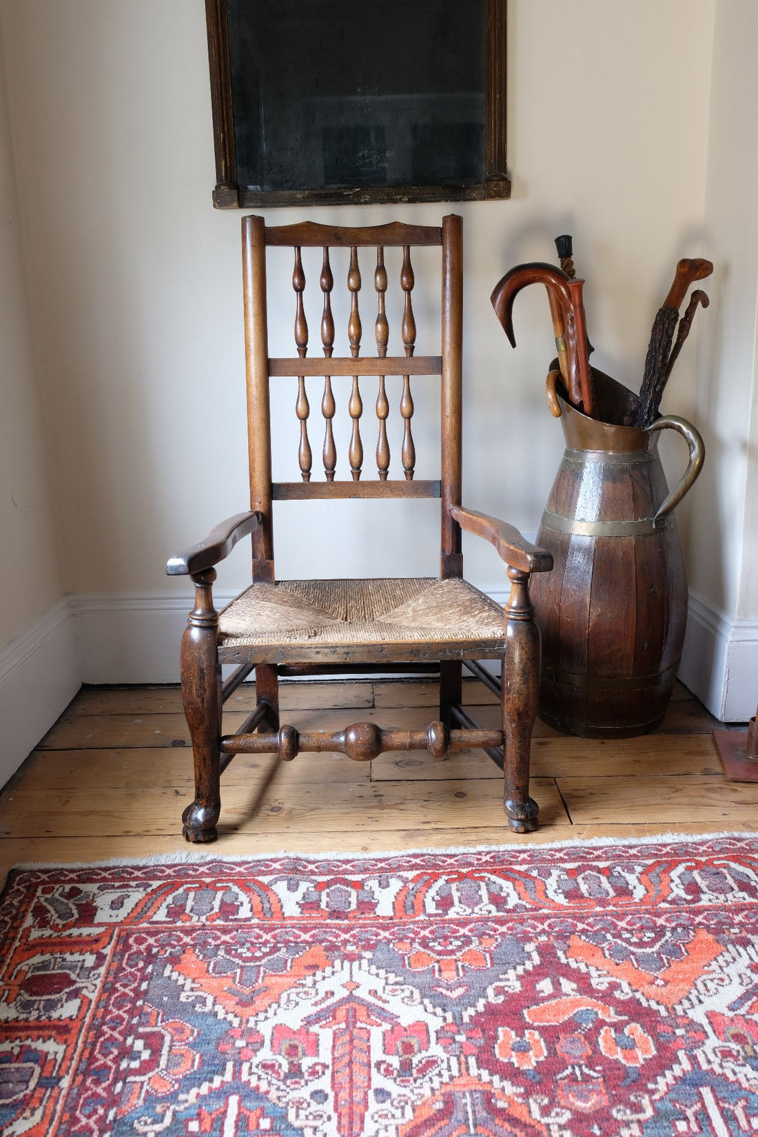 Antique Lancashire Oak Spindle Back Armchair with Rush Seat, 19th Century North Country Chair