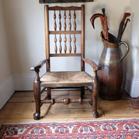 Antique Lancashire Oak Spindle Back Armchair with Rush Seat, 19th Century North Country Chair