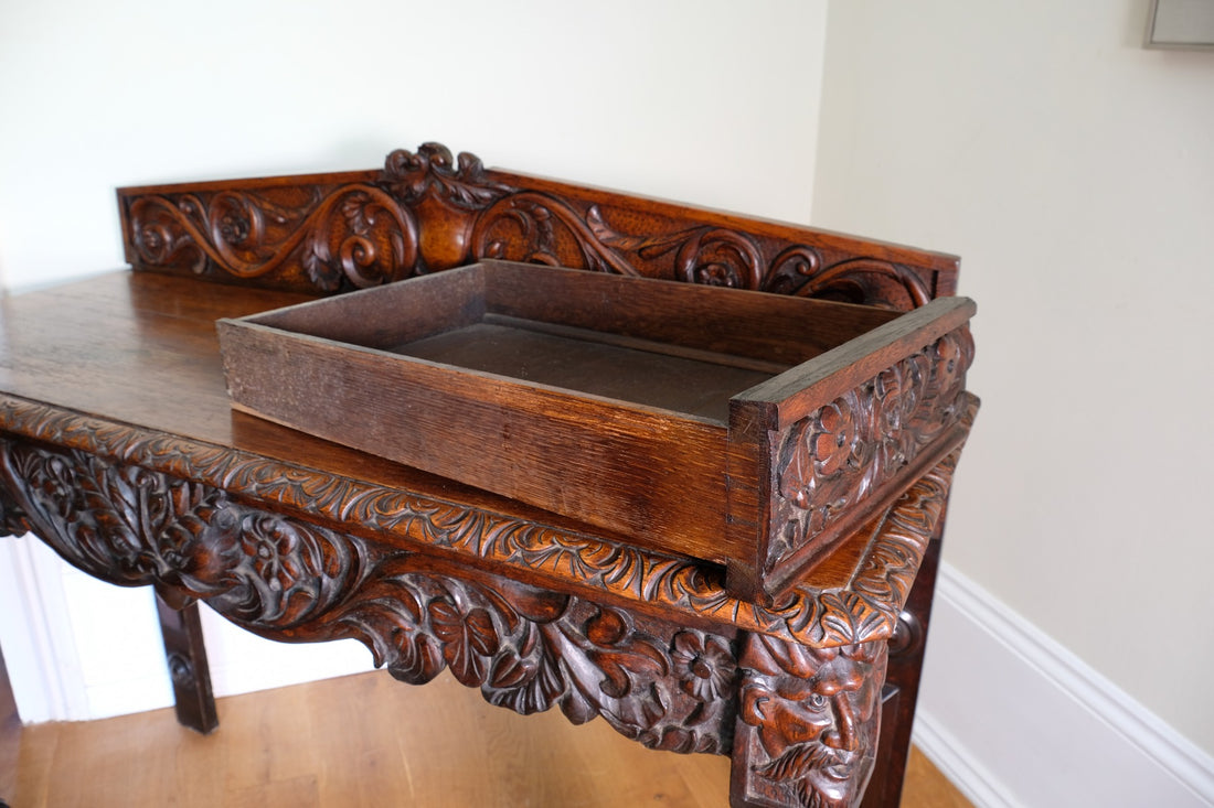 19th Century Profusely Carved Oak Hall Or Side Table With Pediment