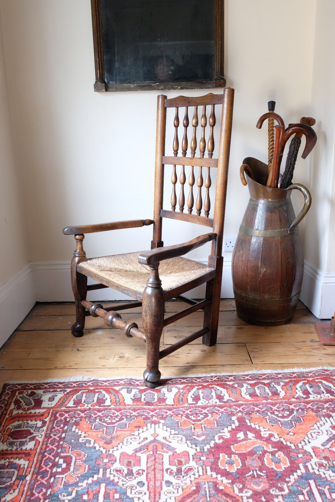 Antique Lancashire Oak Spindle Back Armchair with Rush Seat, 19th Century North Country Chair