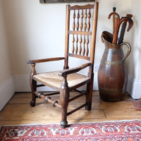 Antique Lancashire Oak Spindle Back Armchair with Rush Seat, 19th Century North Country Chair