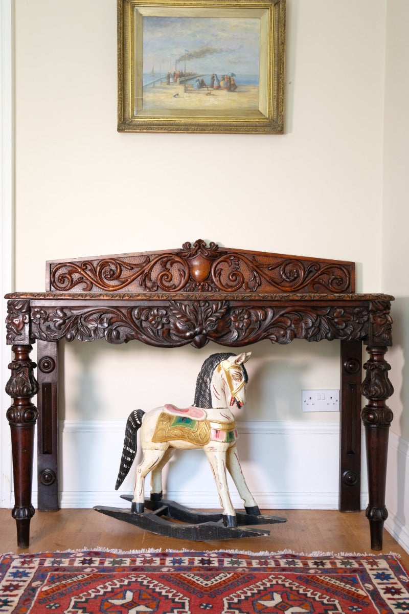 19th Century Profusely Carved Oak Hall Or Side Table With Pediment