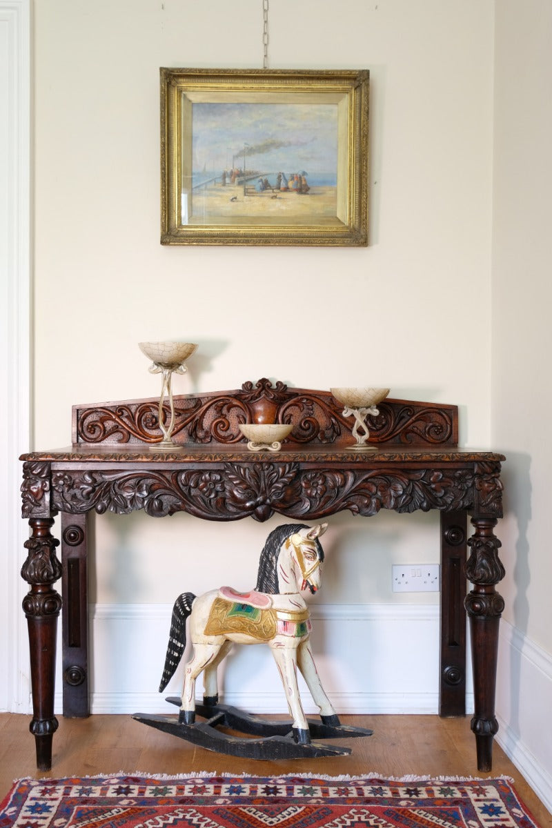 19th Century Profusely Carved Oak Hall Or Side Table With Pediment