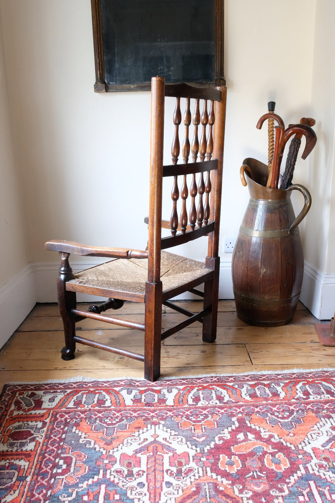 Antique Lancashire Oak Spindle Back Armchair with Rush Seat, 19th Century North Country Chair
