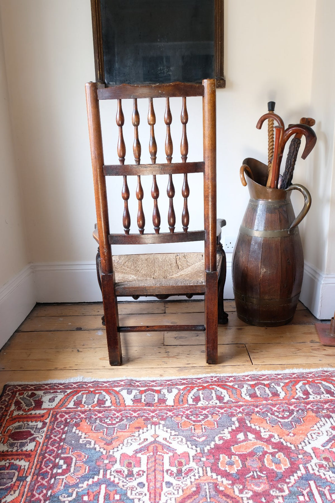 Back of a Antique Lancashire Oak Spindle Back Armchair with Rush Seat, 19th Century North Country Chair