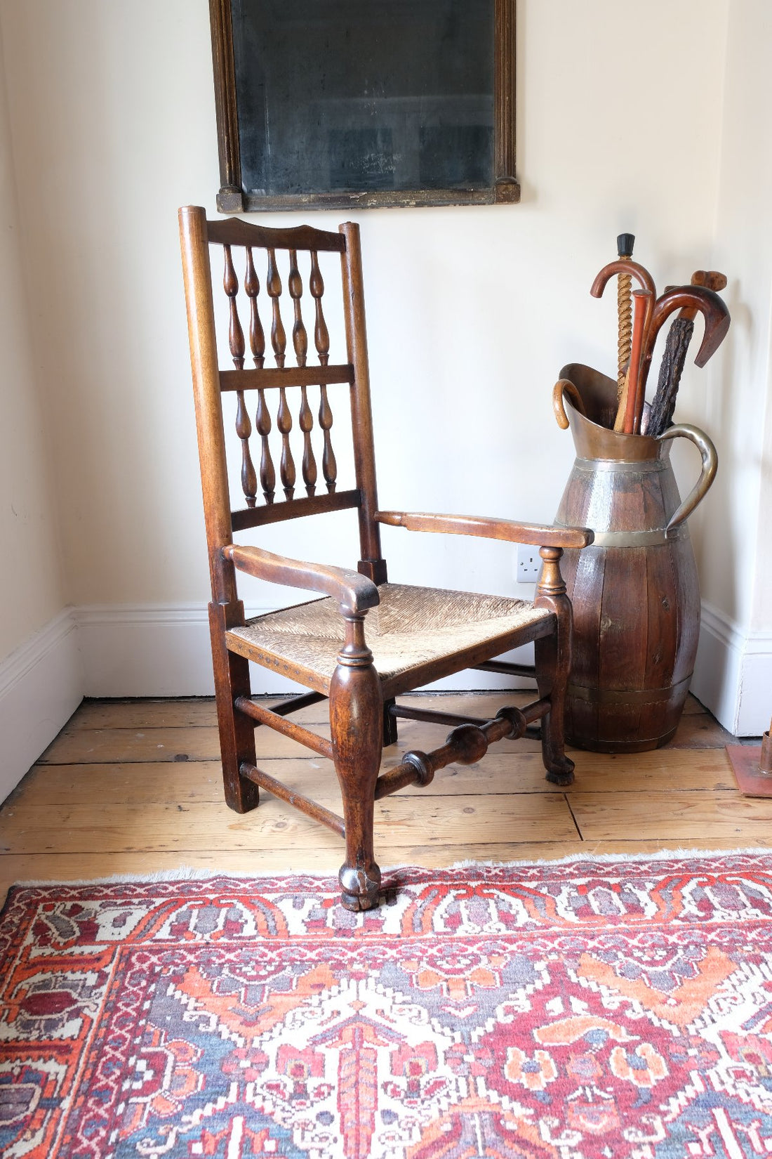 Antique Lancashire Oak Spindle Back Armchair with Rush Seat, 19th Century North Country Chair