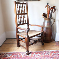 Antique Lancashire Oak Spindle Back Armchair with Rush Seat, 19th Century North Country Chair