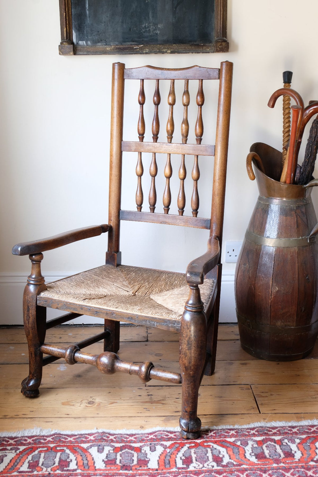 Antique Lancashire Oak Spindle Back Armchair with Rush Seat, 19th Century North Country Chair