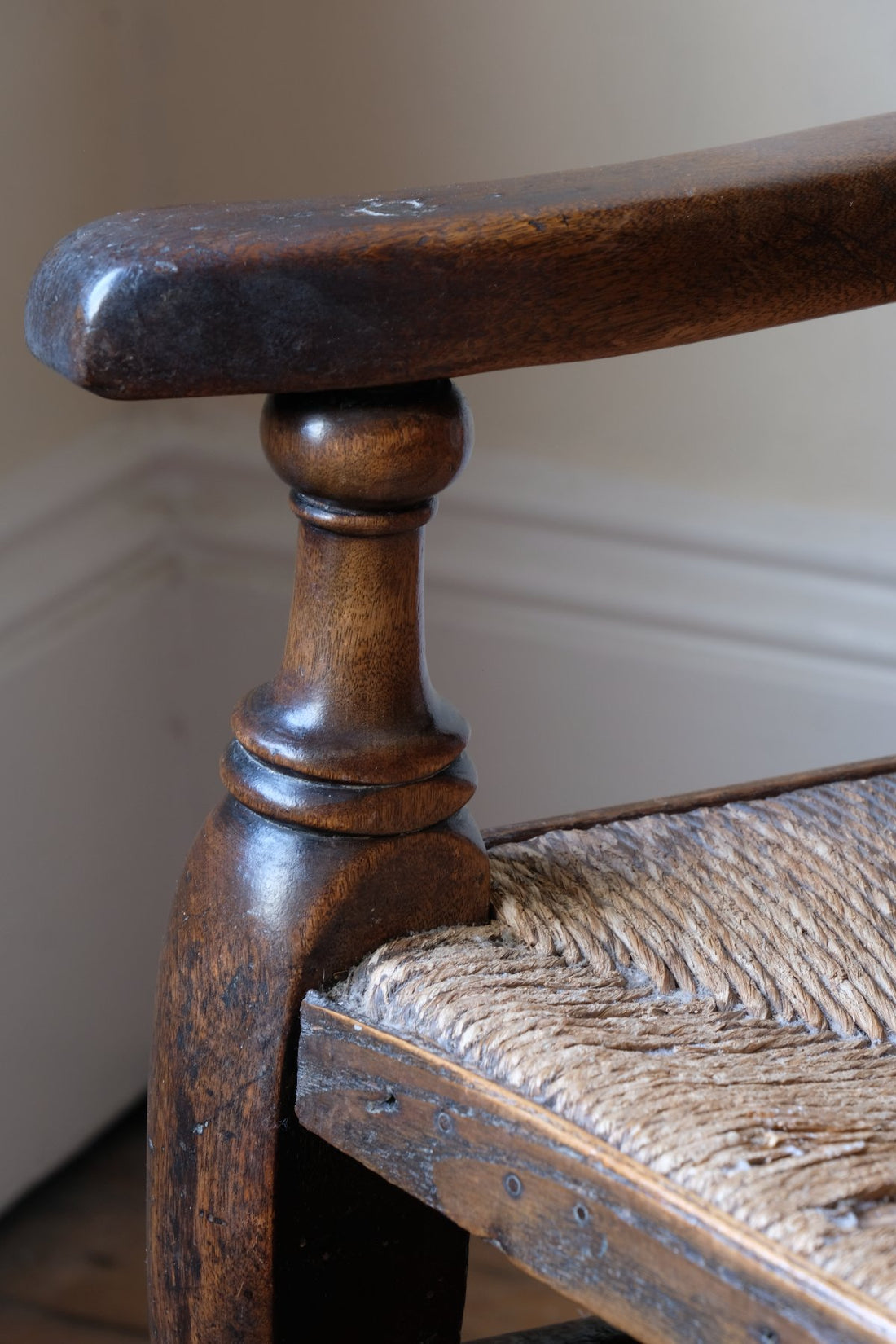 Antique Lancashire Oak Spindle Back Armchair with Rush Seat, 19th Century North Country Chair