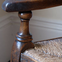 Antique Lancashire Oak Spindle Back Armchair with Rush Seat, 19th Century North Country Chair
